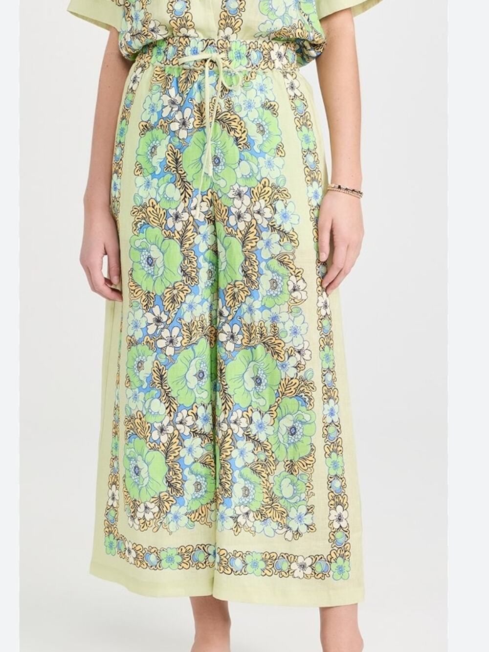 ALEMAIS Velma Linen Floral Wide Leg Drawstring Pants Green Blue US 8
